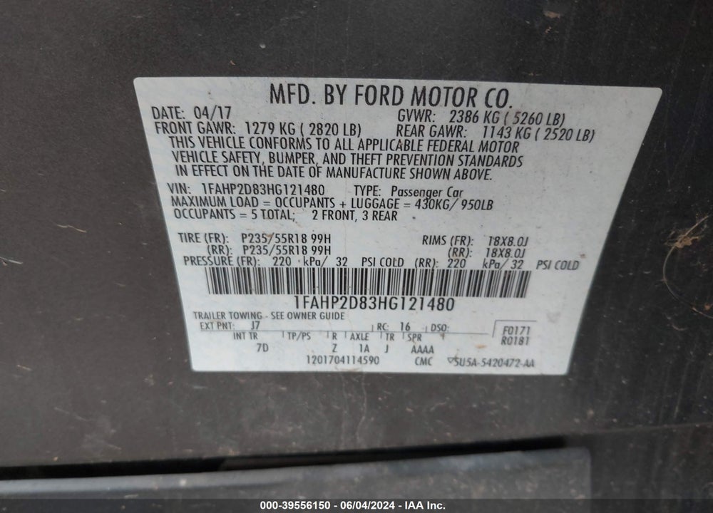 2017 FORD TAURUS VIN: 1FAHP2D83HG121480