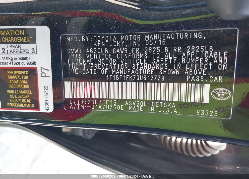 2016 TOYOTA CAMRY SE VIN: 4T1BF1FK7GU612779