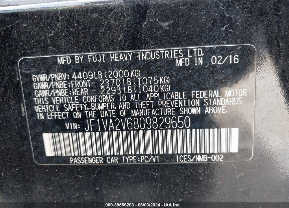 2016 SUBARU WRX STI VIN: JF1VA2V68G9829650