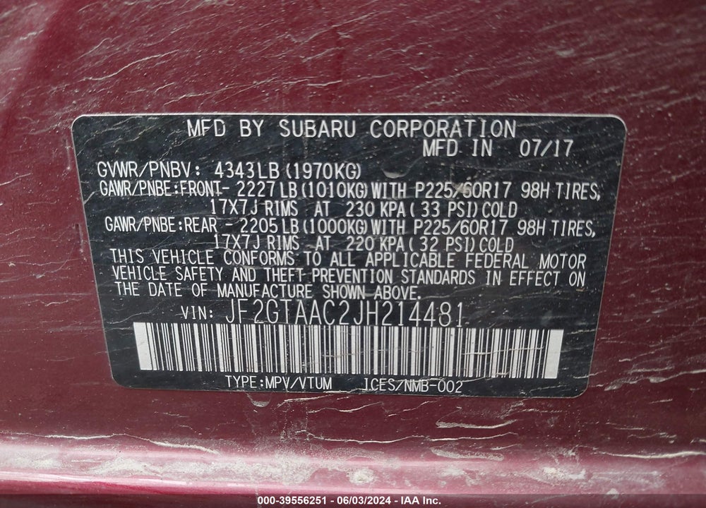 2018 SUBARU CROSSTREK 2.0I VIN: JF2GTAAC2JH214481