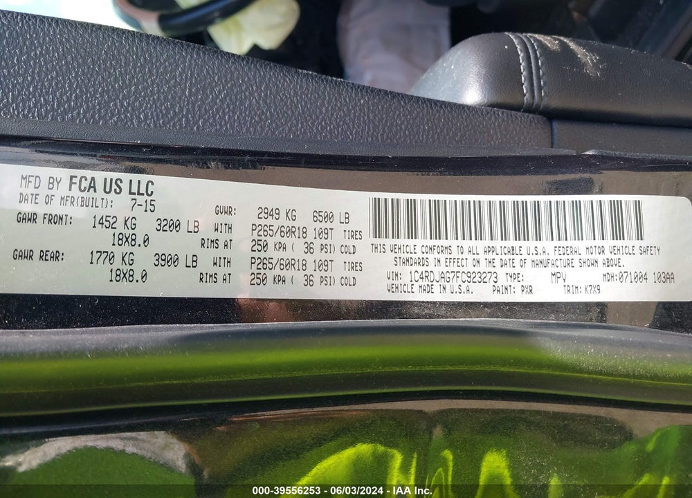 2015 DODGE DURANGO SXT VIN: 1C4RDJAG7FC923273