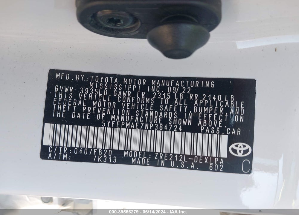 2022 TOYOTA COROLLA LE VIN: 5YFEPMAE7NP364724