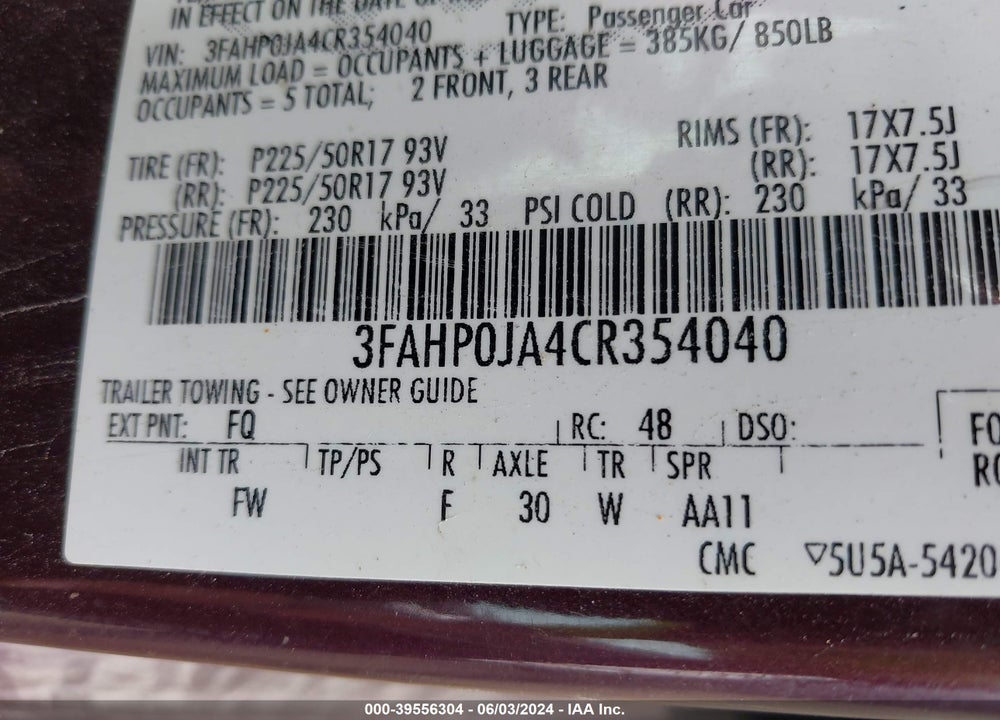 2012 FORD FUSION SEL VIN: 3FAHP0JA4CR354040