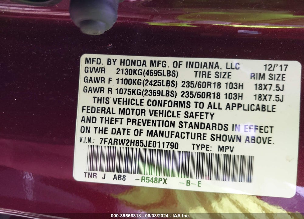 2018 HONDA CR-V VIN: 7FARW2H85JE011790
