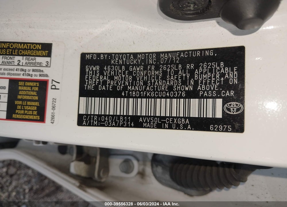 2012 TOYOTA CAMRY HYBRID XLE VIN: 4T1BD1FK6CU040376