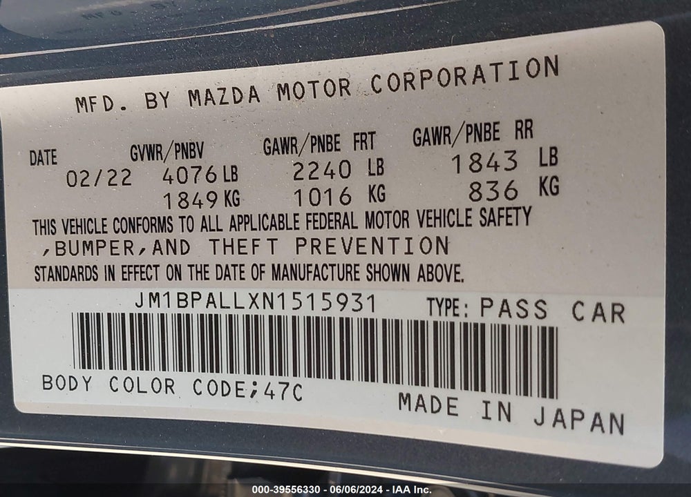 2022 MAZDA 3 CARBON EDITION VIN: JM1BPALLXN1515931