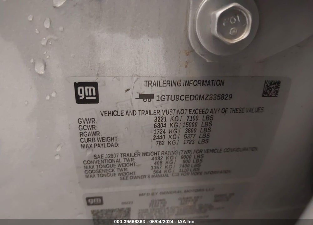 2021 GMC SIERRA 1500 4WD STANDARD BOX ELEVATION VIN: 1GTU9CED0MZ335829