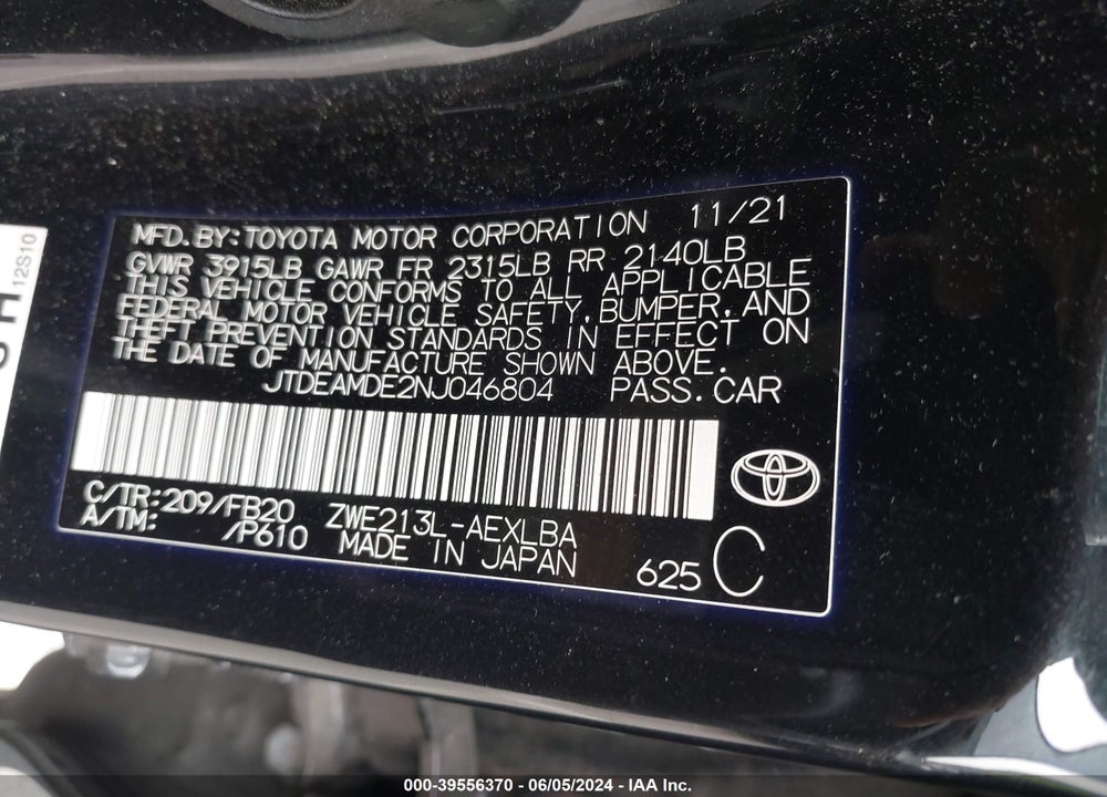 2022 TOYOTA COROLLA HYBRID LE VIN: JTDEAMDE2NJ046804
