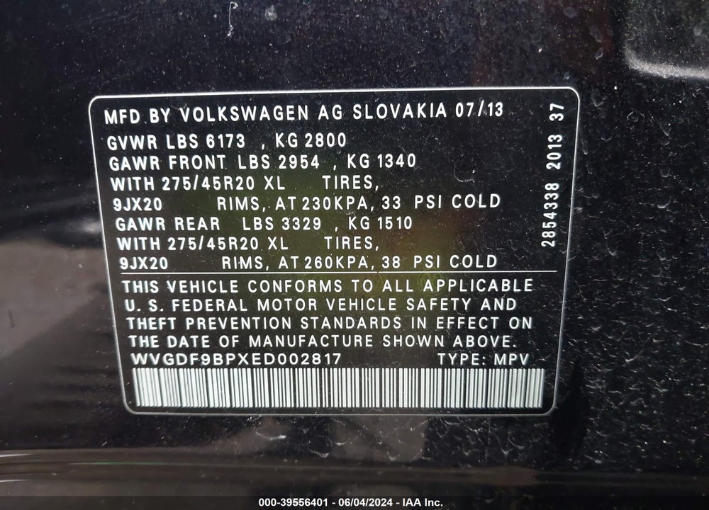 2014 VOLKSWAGEN TOUAREG 3.6L R-LINE VIN: WVGDF9BPXED002817