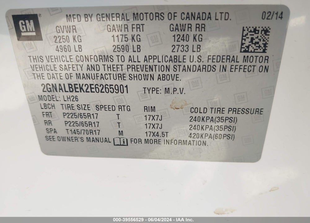 2014 CHEVROLET EQUINOX 1LT VIN: 2GNALBEK2E6265901