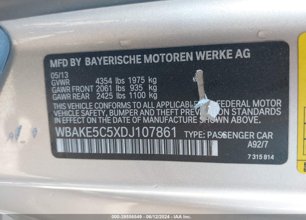 2013 BMW 328I VIN: WBAKE5C5XDJ107861