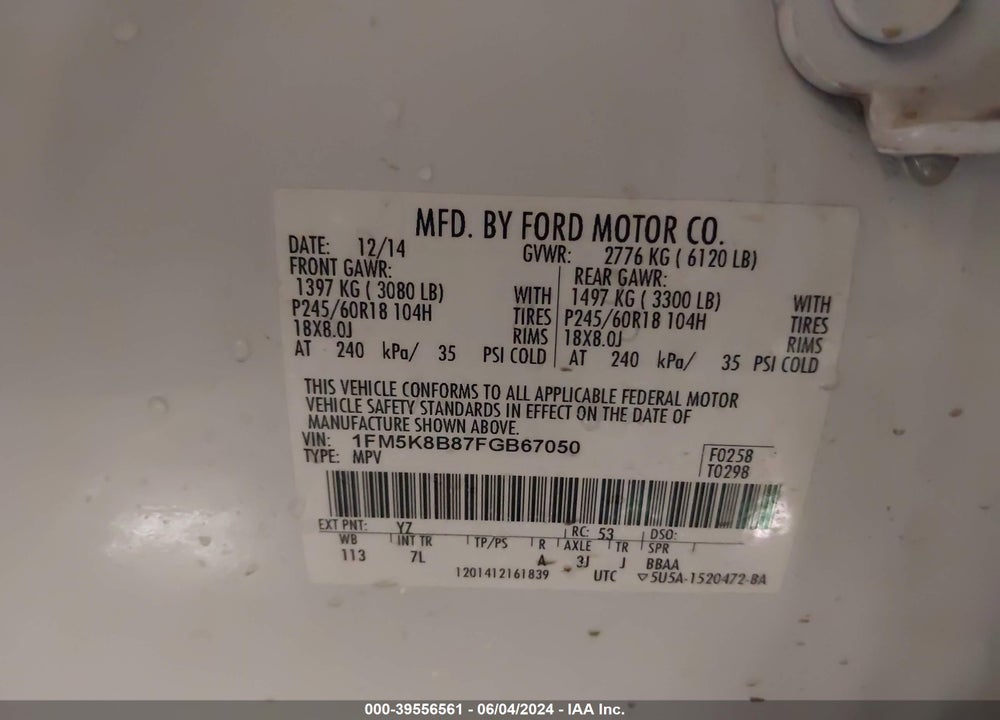 2015 FORD EXPLORER VIN: 1FM5K8B87FGB67050