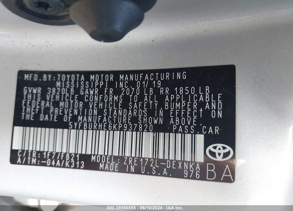 2019 TOYOTA COROLLA LE VIN: 5YFBURHE6KP937820