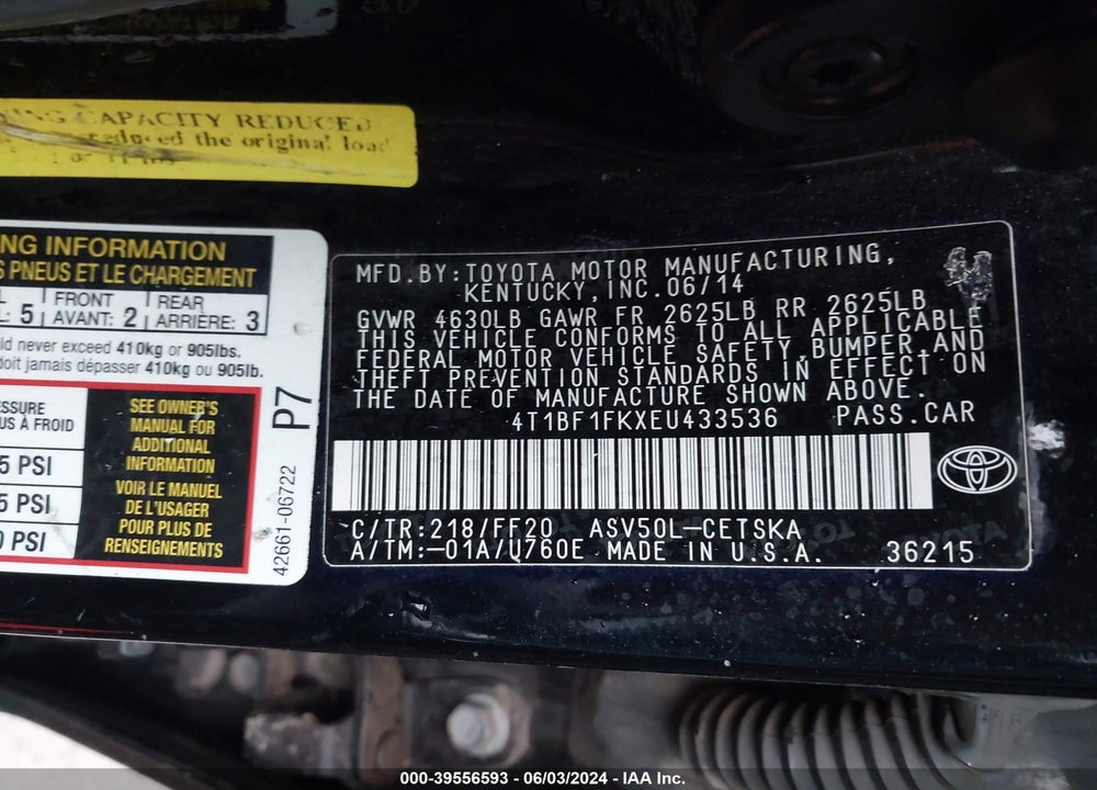 2014 TOYOTA CAMRY SE VIN: 4T1BF1FKXEU433536