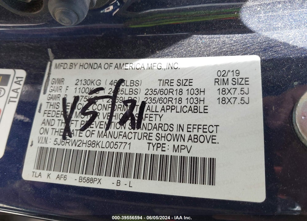 2019 HONDA CR-V TOURING VIN: 5J6RW2H98KL005771