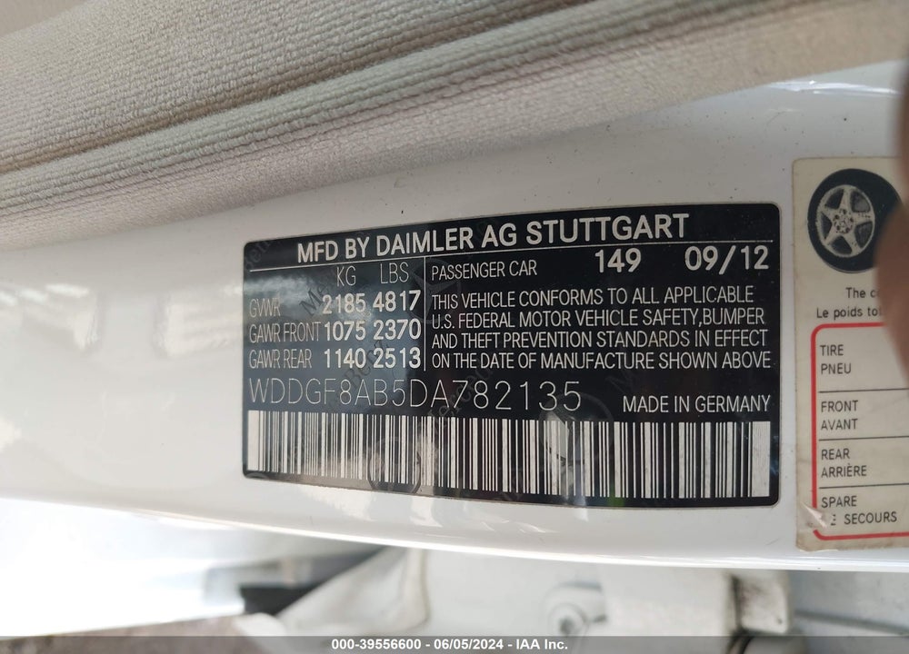 2013 MERCEDES-BENZ C VIN: WDDGF8AB5DA782135