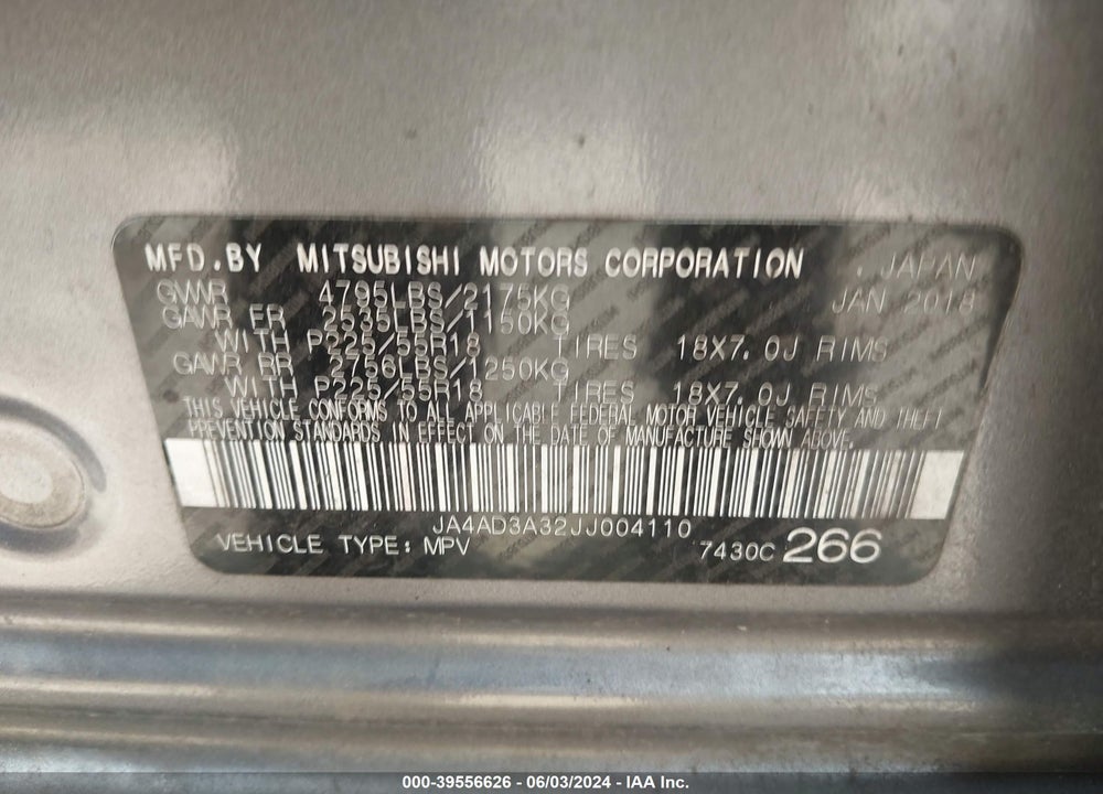 2018 MITSUBISHI OUTLANDER SE VIN: JA4AD3A32JJ004110
