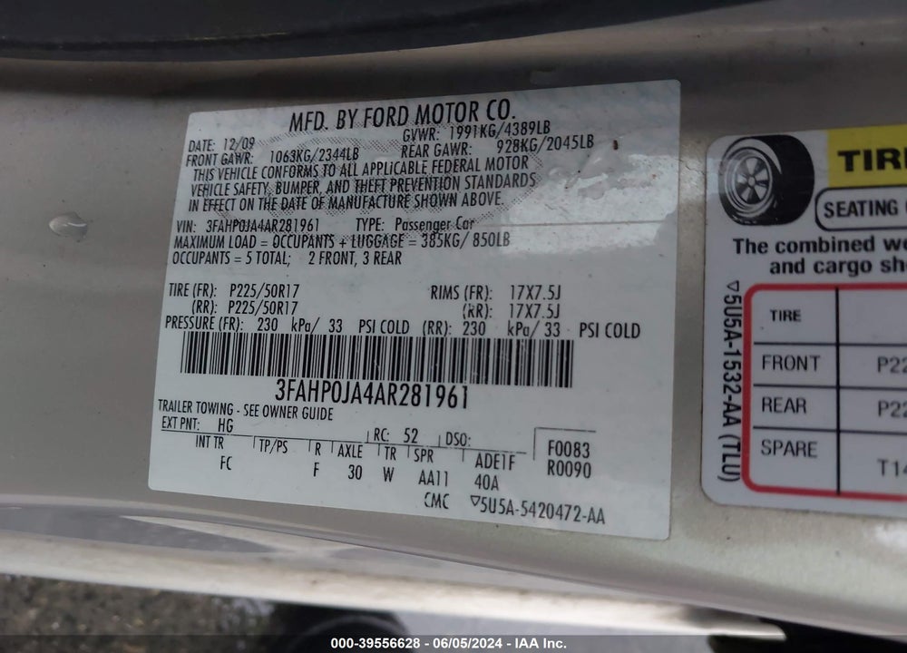2010 FORD FUSION SEL VIN: 3FAHP0JA4AR281961