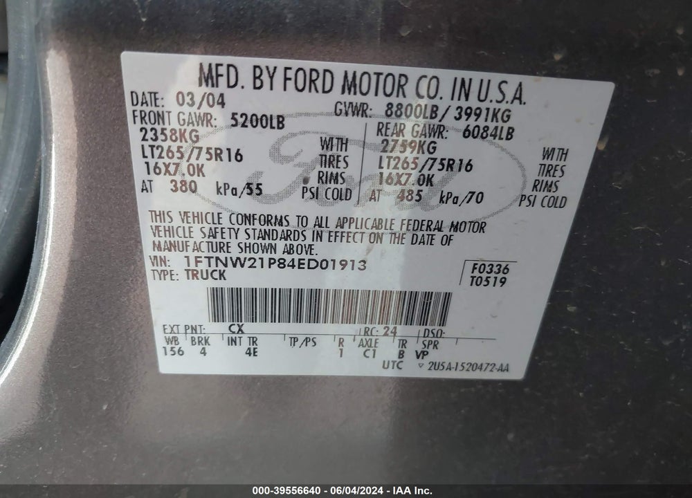 2004 FORD F250 SUPER DUTY VIN: 1FTNW21P84ED01913