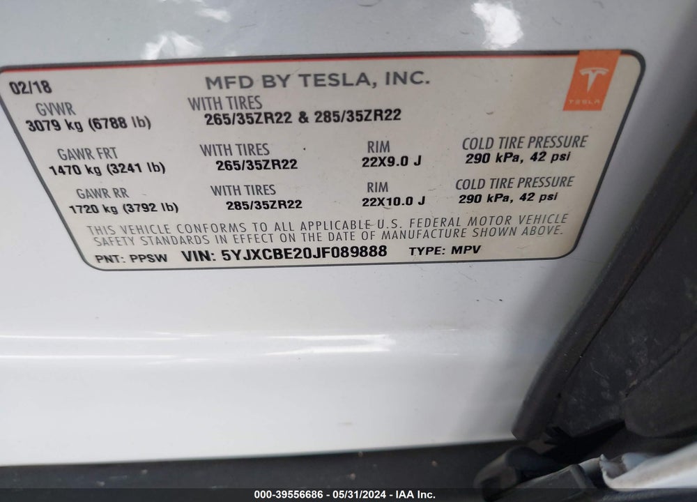 2018 TESLA MODEL X VIN: 5YJXCBE20JF089888