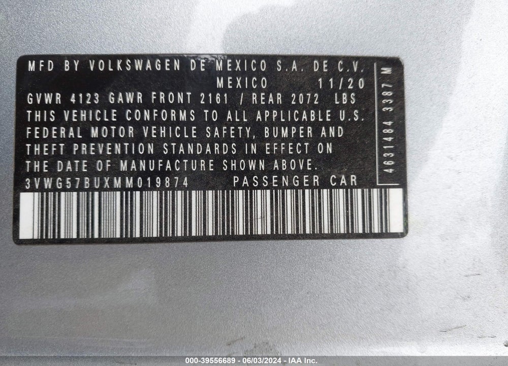 2021 VOLKSWAGEN JETTA 1.4T SEL PREMIUM VIN: 3VWG57BUXMM019874