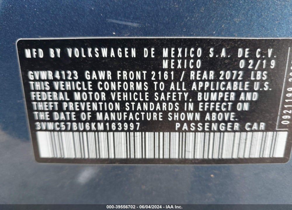 2019 VOLKSWAGEN JETTA 1.4T R-LINE/1.4T S/1.4T SE VIN: 3VWC57BU6KM163997
