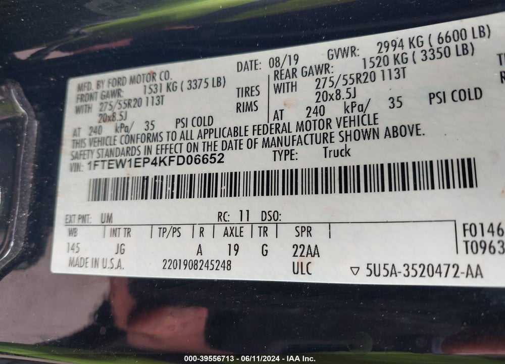 2019 FORD F-150 XL VIN: 1FTEW1EP4KFD06652