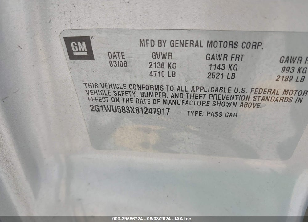 2008 CHEVROLET IMPALA LTZ VIN: 2G1WU583X81247917