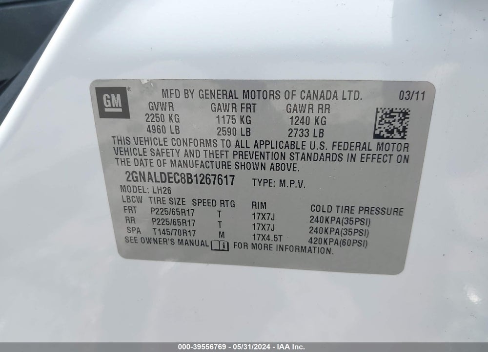 2011 CHEVROLET EQUINOX 1LT VIN: 2GNALDEC8B1267617