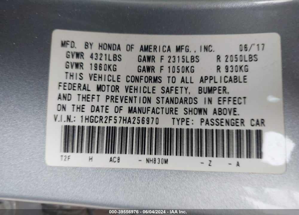 2017 HONDA ACCORD SPORT VIN: 1HGCR2F57HA256970
