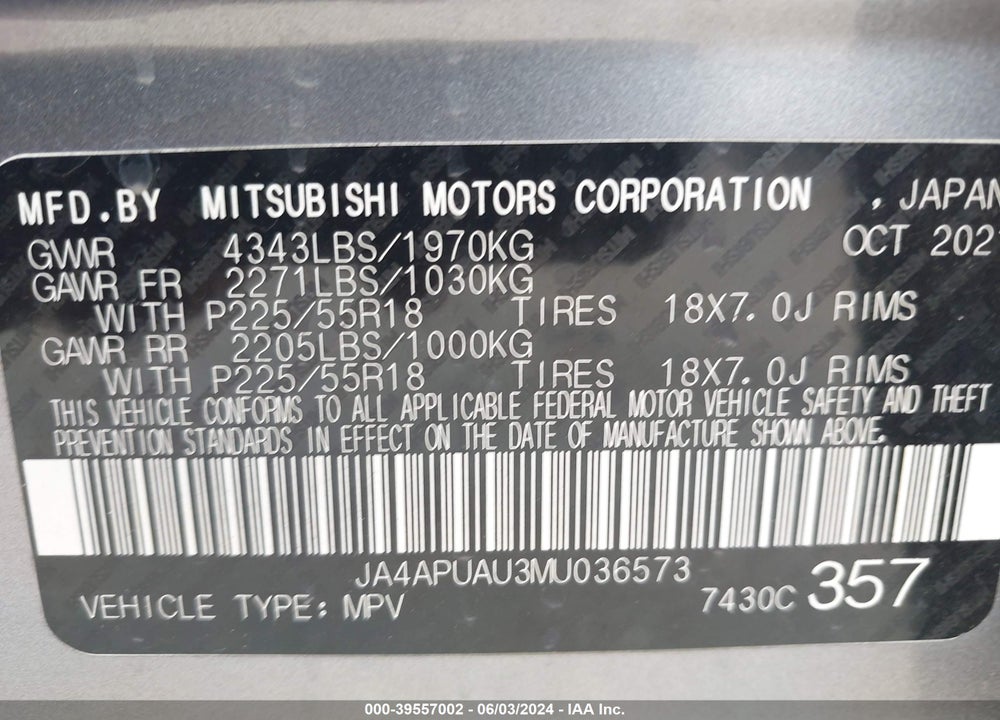 2021 MITSUBISHI OUTLANDER SPORT 2.0 BE 2WD/2.0 ES 2WD/2.0 LE 2WD/2.0 S 2WD VIN: JA4APUAU3MU036573