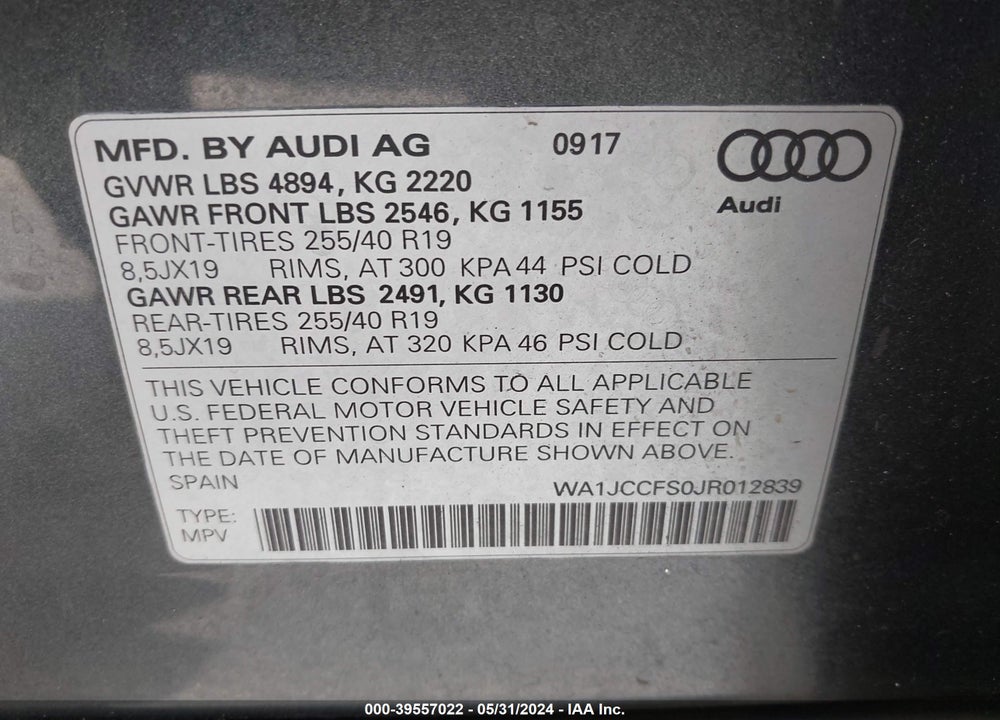 2018 AUDI Q3 2.0T PREMIUM/2.0T SPORT PREMIUM VIN: WA1JCCFS0JR012839