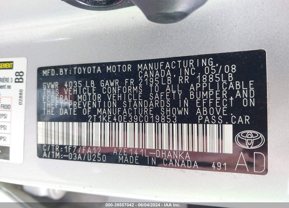2009 TOYOTA MATRIX S VIN: 2T1KE40E39C019853