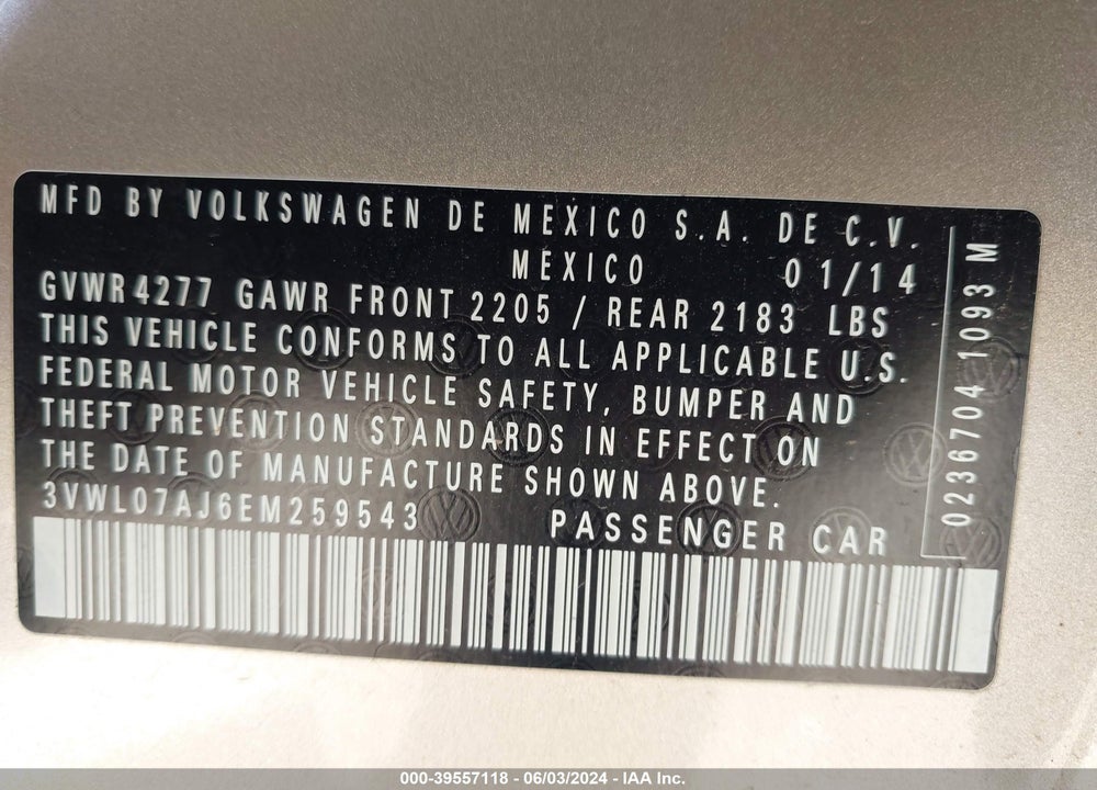 2014 VOLKSWAGEN JETTA 1.8T SEL VIN: 3VWL07AJ6EM259543
