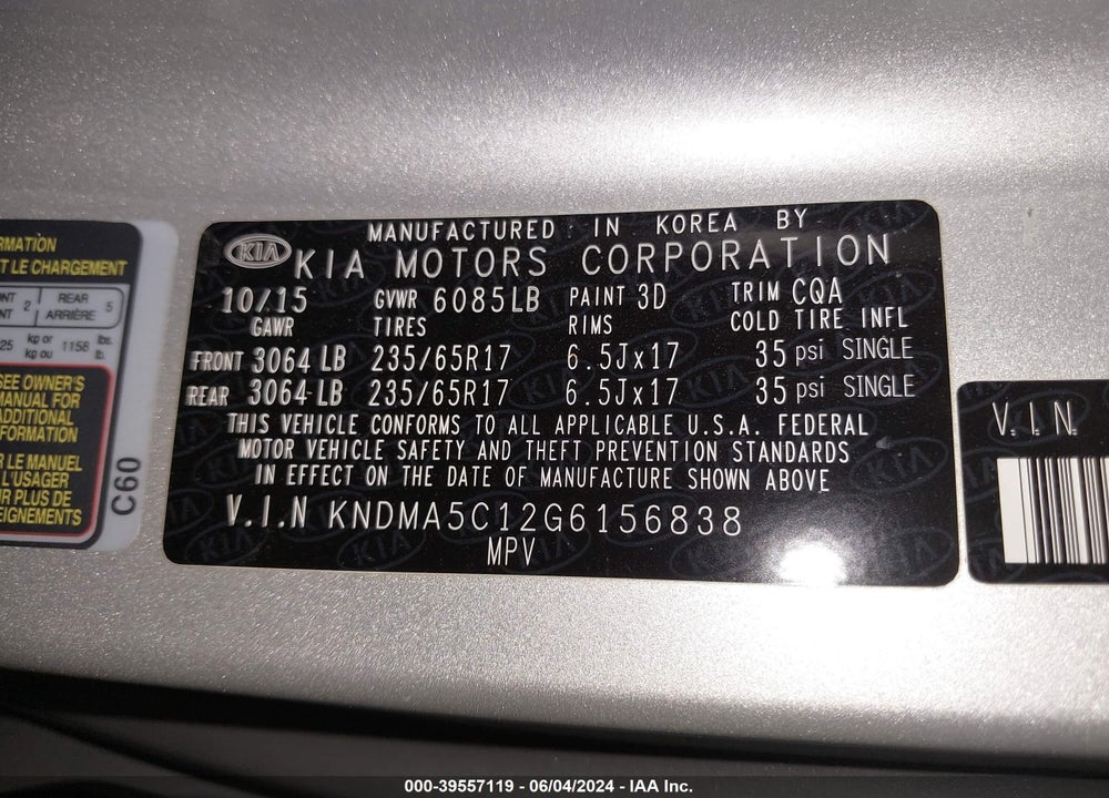 2016 KIA SEDONA L VIN: KNDMA5C12G6156838