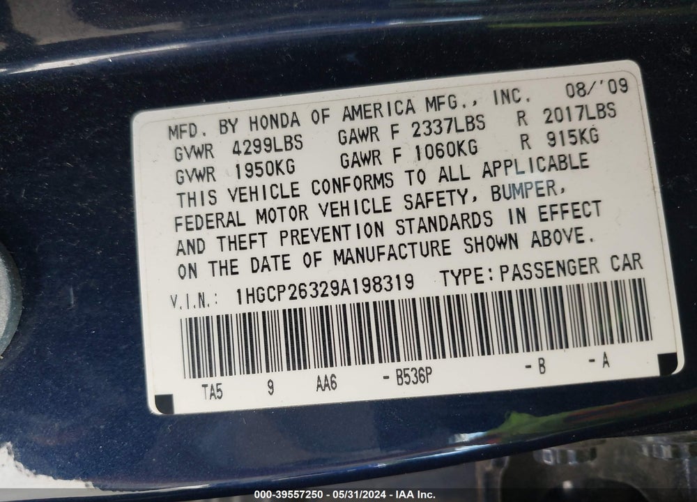 2009 HONDA ACCORD 2.4 LX VIN: 1HGCP26329A198319
