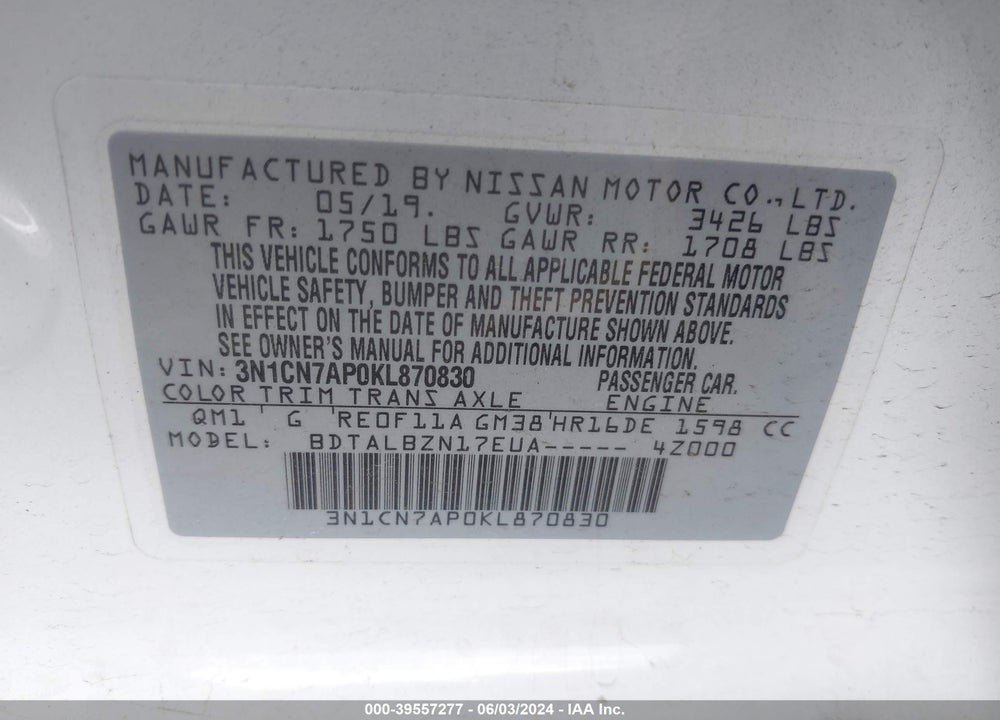 2019 NISSAN VERSA 1.6 SV VIN: 3N1CN7AP0KL870830