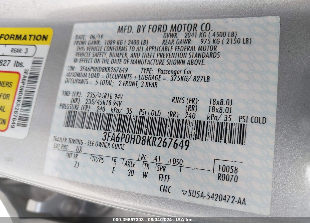 2019 FORD FUSION SE VIN: 3FA6P0HD8KR267649