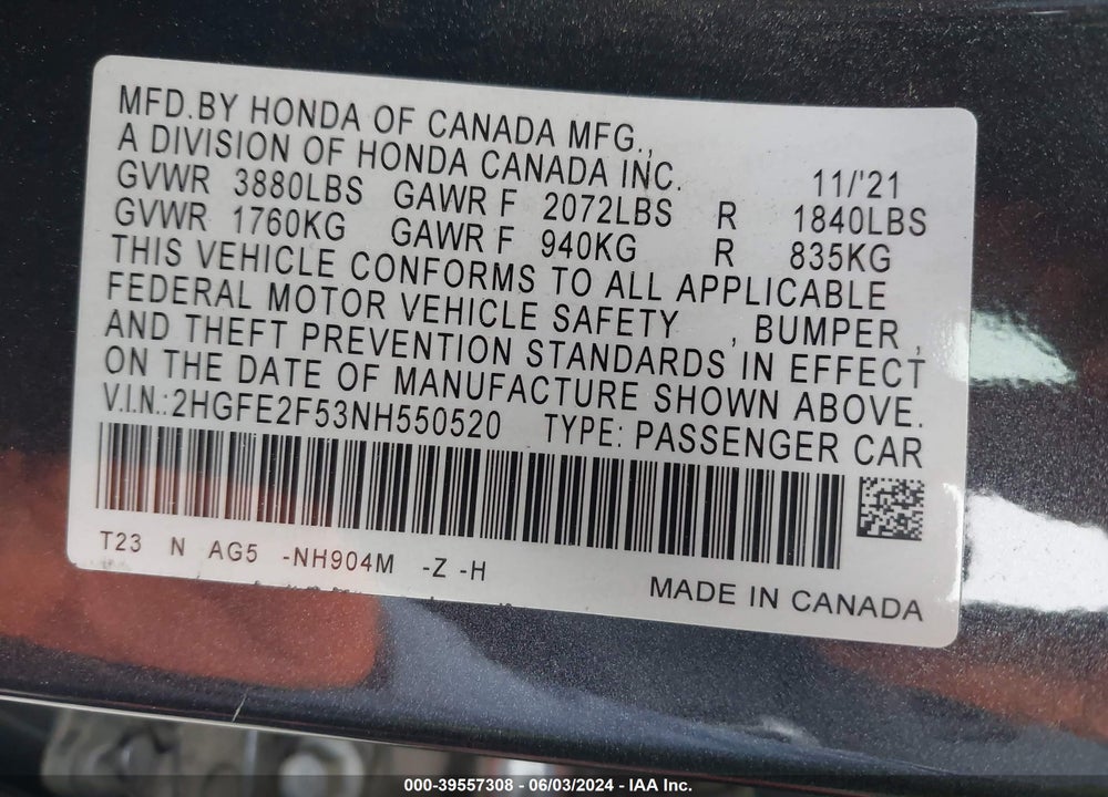 2022 HONDA CIVIC SPORT VIN: 2HGFE2F53NH550520