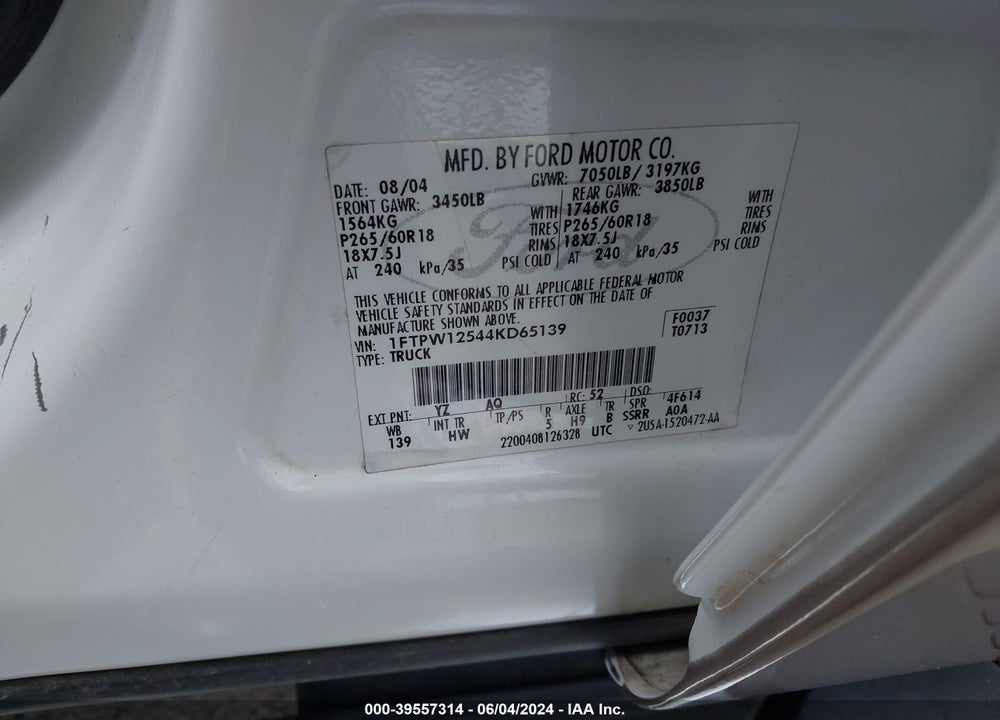 2004 FORD F-150 VIN: 1FTPW12544KD65139