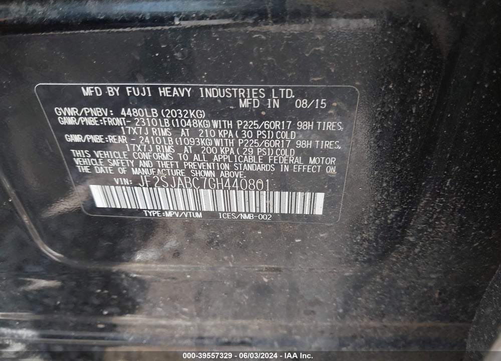2016 SUBARU FORESTER 2.5I VIN: JF2SJABC7GH440801