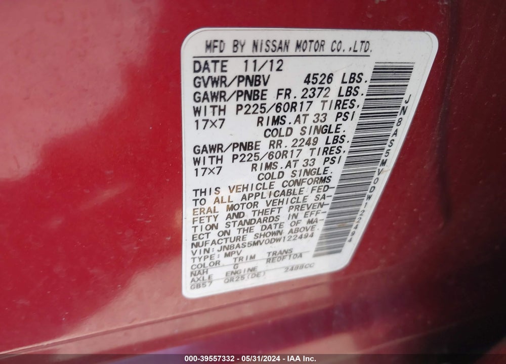 2013 NISSAN ROGUE SV VIN: JN8AS5MV0DW122494