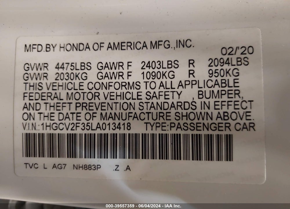 2020 HONDA ACCORD SPORT 2.0T VIN: 1HGCV2F35LA013418