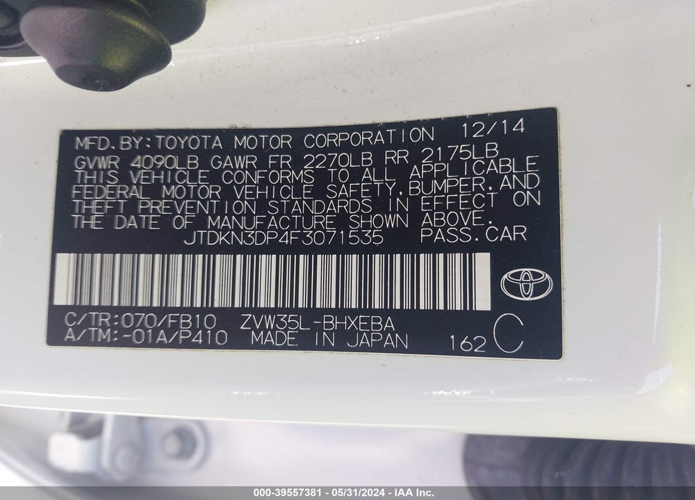 2015 TOYOTA PRIUS PLUG-IN BASE (CVT) VIN: JTDKN3DP4F3071535