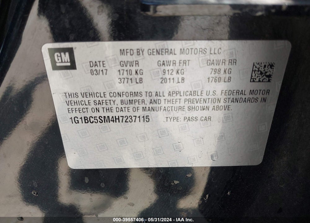 2017 CHEVROLET CRUZE LS AUTO VIN: 1G1BC5SM4H7237115
