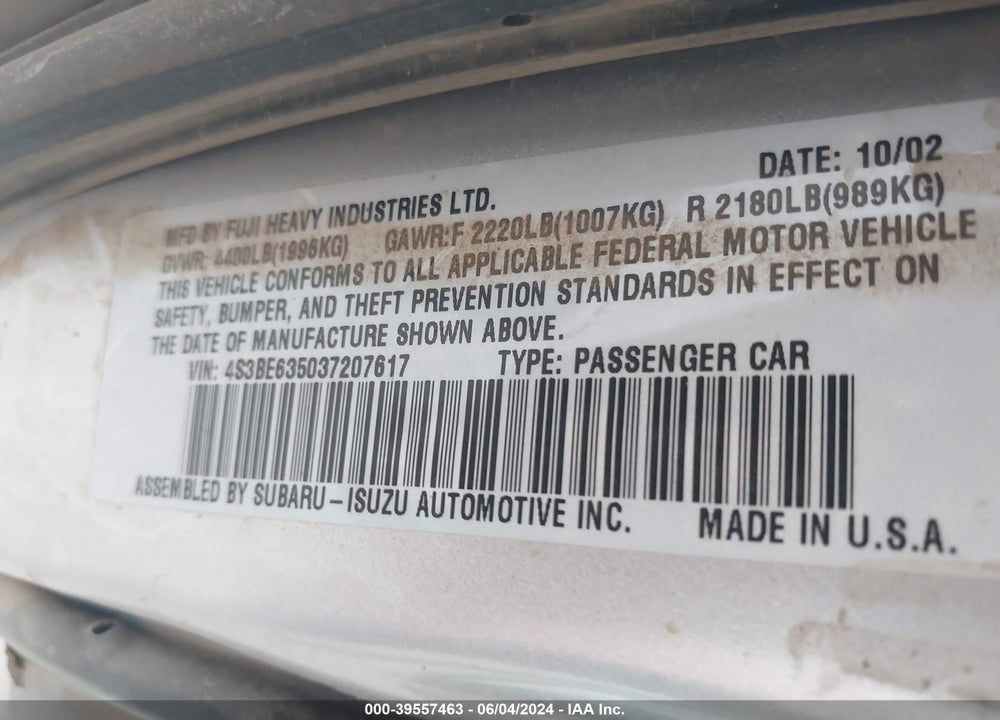 2003 SUBARU LEGACY L/L W/SPECIAL EDITION PACKAGE VIN: 4S3BE635037207617