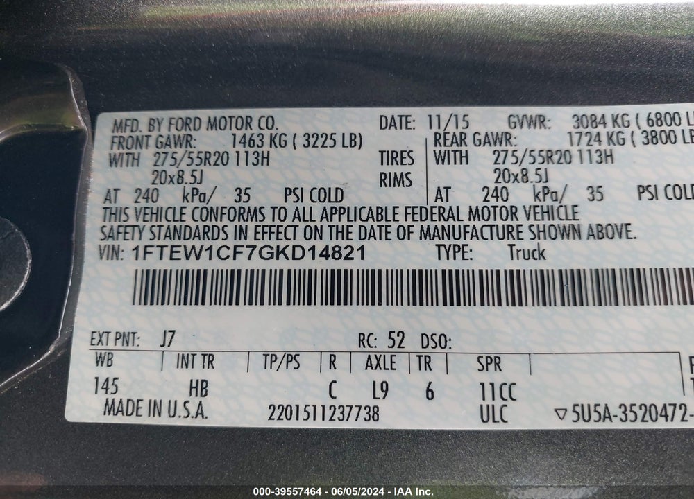2016 FORD F-150 LARIAT VIN: 1FTEW1CF7GKD14821