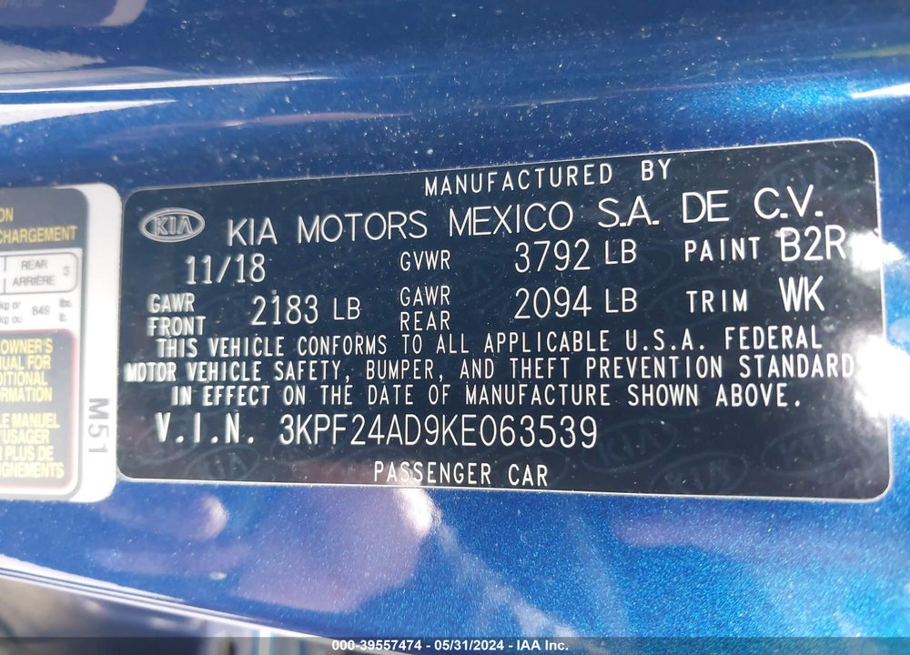 2019 KIA FORTE LXS VIN: 3KPF24AD9KE063539