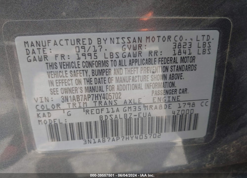 2017 NISSAN SENTRA S VIN: 3N1AB7AP7HY405702