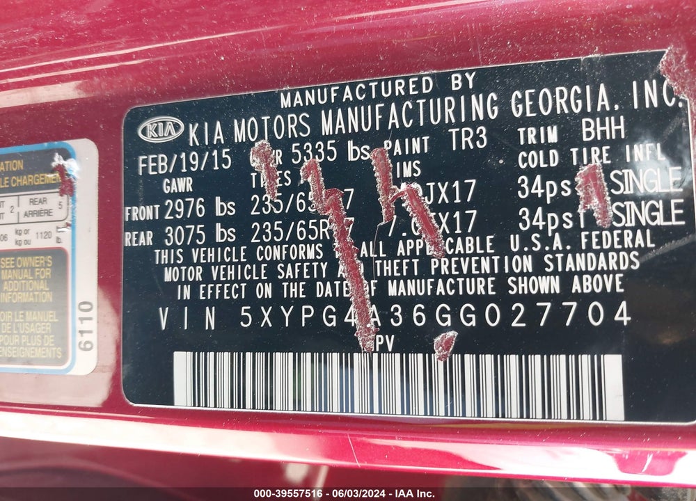 2016 KIA SORENTO 2.4L LX VIN: 5XYPG4A36GG027704